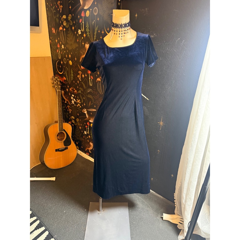 Robbie Bee Vintage Navy Blue Velvet Midi Dress Satin Tie Back Size 8